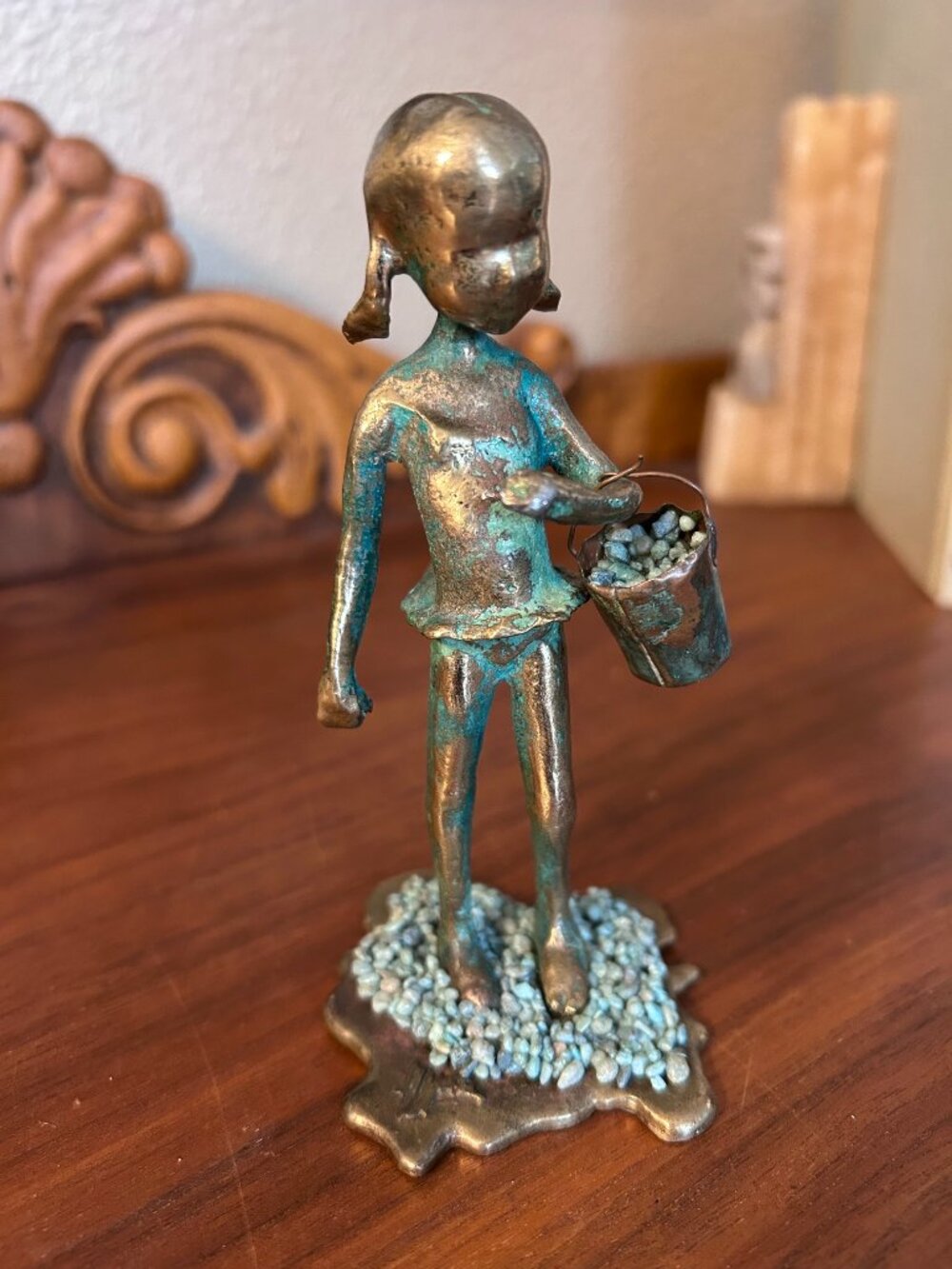 Vintage 1972 Malcolm Moran Signed Bronze Sculpture Girl With Bucket Turquoise